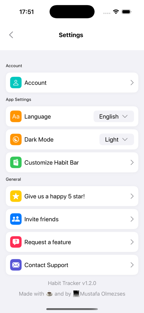 Habitify: Goals Tracker - Habitify Goals Trackerアプリの設定メニュー。アカウントとパーソナライゼーションオプションが表示されています