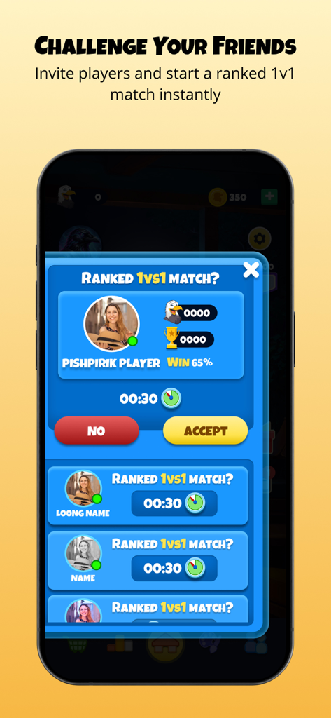 Pishpirik - Interfaz del juego móvil Pishpirik que muestra una invitación a una partida 1 contra 1 clasificada con un botón de aceptar