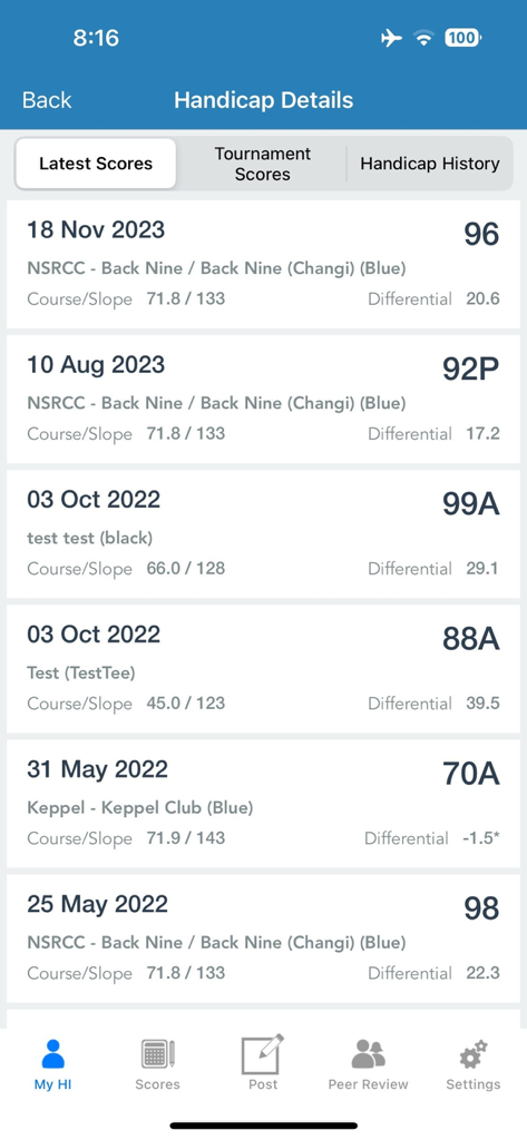 SGA CHS - The latest scores screen of the SGA CHS golf app showing historical performance data.