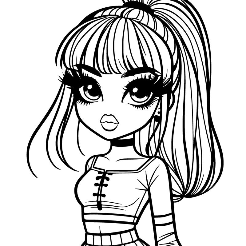 a girl with bangsand a high ponytail a crop top lips eyes and eyelashes a short skirt and boot heels