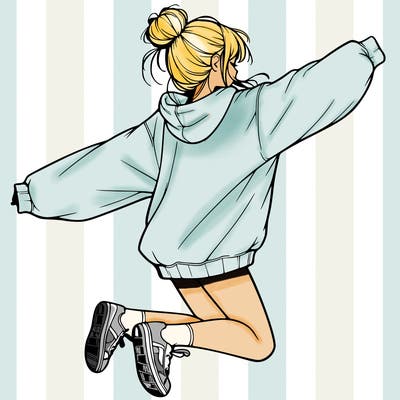 realistic girl jumping with a bun and oversized sweatshirt