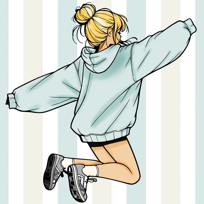 realistic girl jumping with a bun and oversized sweatshirt