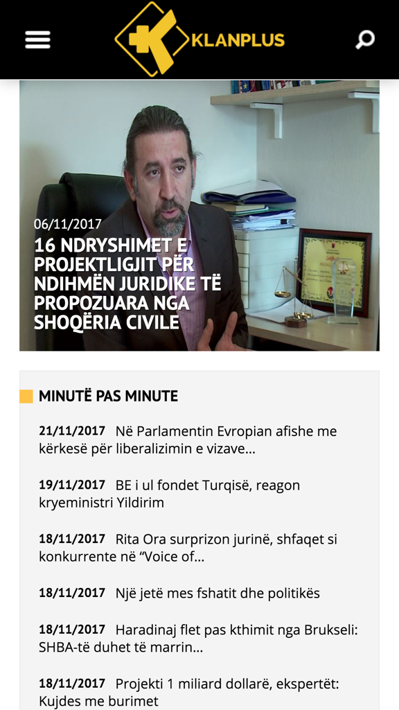 Mobile interface of the Klan Plus news app showing Albanian news headlines and a video report