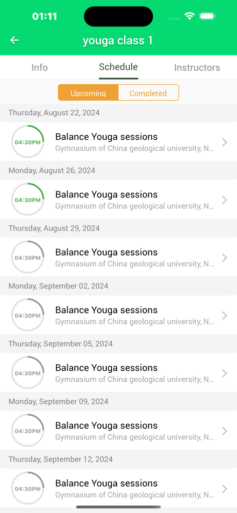 IMLeagues - Mobile app screen showing a list of upcoming collegiate yoga class sessions with dates and times