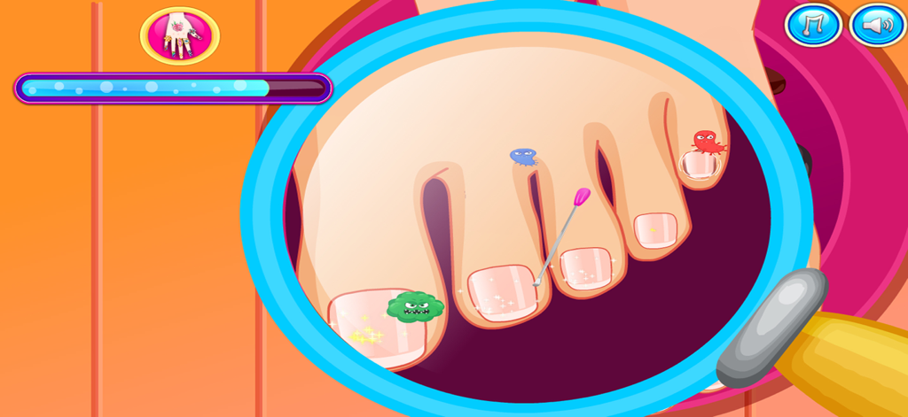 My Fashion Nail Salon Game - 虫眼鏡で爪の漫画の細菌をきれいにしている様子