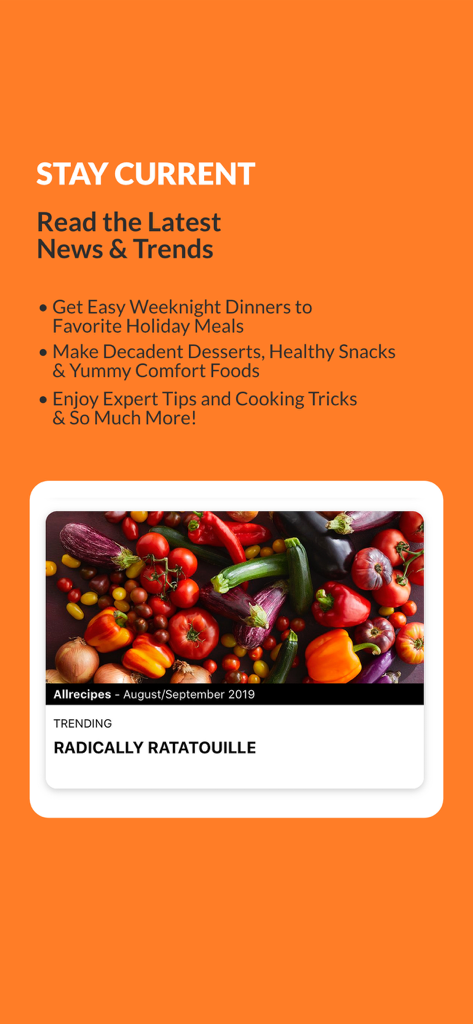 Allrecipes Magazine - Promotional screen for Allrecipes Magazine highlighting latest food news and trending recipes with a photo of fresh vegetables