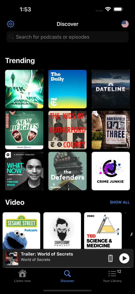 Pods- Podcast Player - The Discover screen of the Pods app featuring trending podcasts and video content