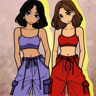two girls with crop top with baggy pants