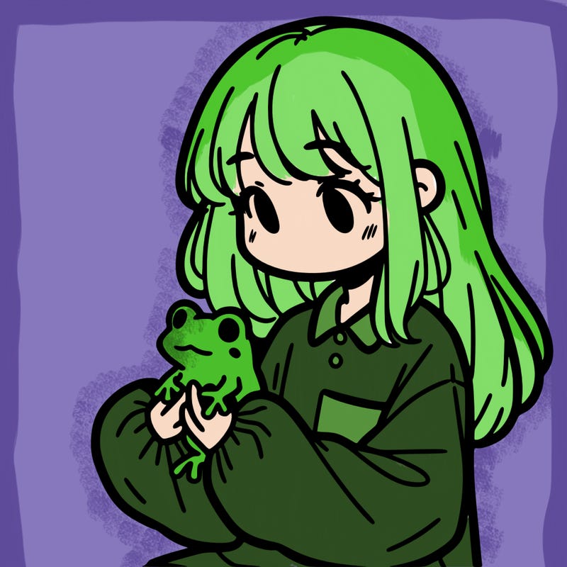 girl with long hair and a oversized shirt. and she is holding a frog