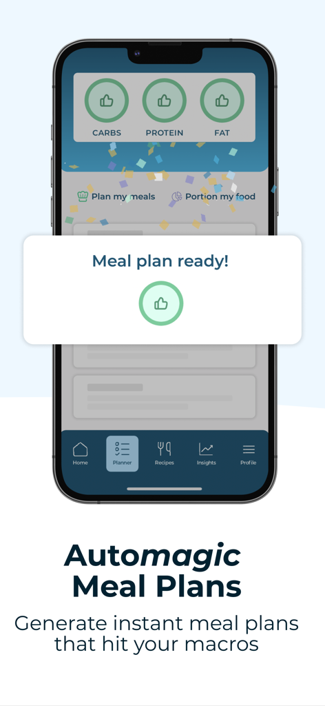 Macrostax: Diet & Meal Planner - Macrostax app interface showing the Automagic Meal Plans feature with a notification saying Meal plan ready.