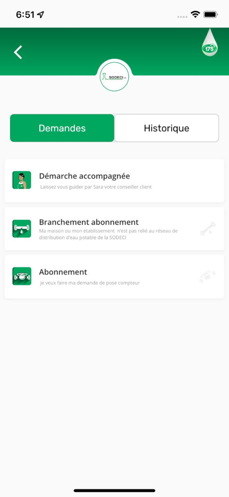 Ma SODECI en ligne - Ma SODECI en ligne mobile app interface showing various service request options for water utility management.