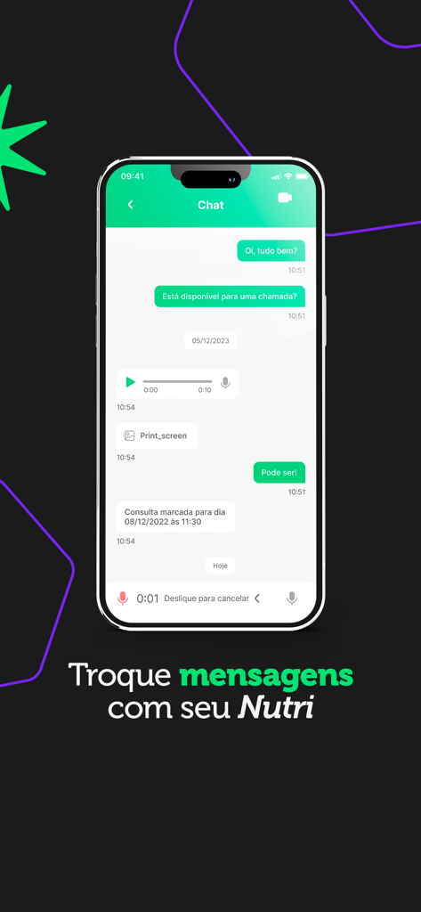 Mobile app screen showing a chat interface for messaging a nutritionist