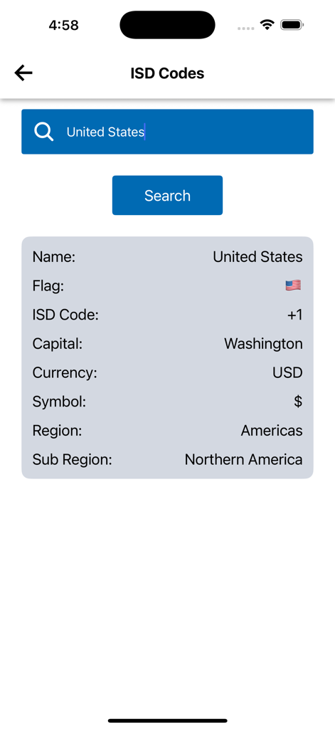 True Caller - Phone Tracker - Search screen for international dialing codes showing results for United States