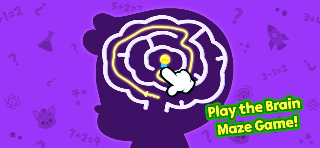 A cartoon brain maze game where a hand traces a yellow path toward a lightbulb icon on a purple background.