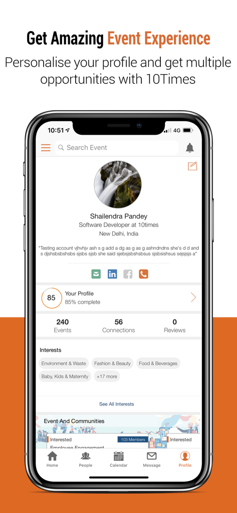 10times - Find Event & Network - User profile interface on the 10times app showing professional networking details and event interests