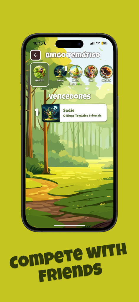 Themed Bingo - Una captura de pantalla de Bingo Temático que muestra una lista de ganadores y avatares de jugadores con el texto Compite con Amigos.