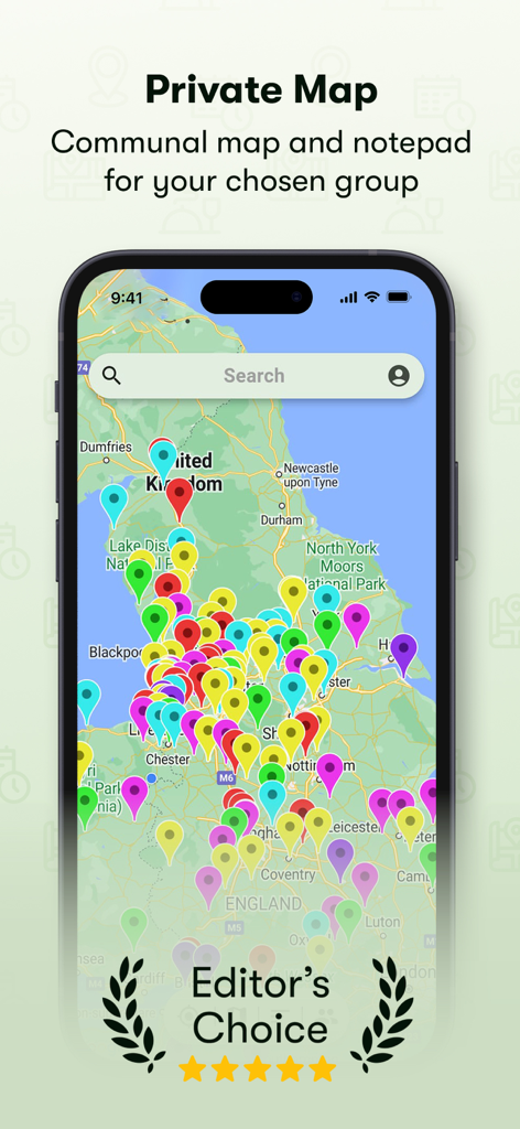 Kip App - Interfaccia dell'app Kip che mostra una mappa condivisa privata con numerosi marcatori di posizione codificati a colori