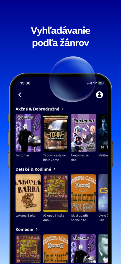 O2 TV SK application - Browsing movie categories and genres in the O2 TV SK mobile application interface