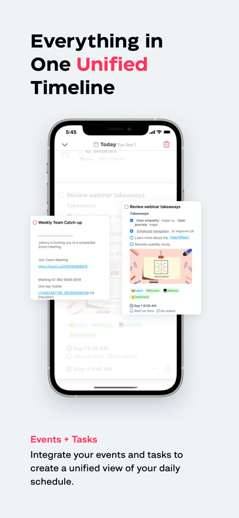 Sorted³ - Calendar Notes Tasks - iPhone screen displaying the Sorted3 unified timeline combining calendar events and tasks