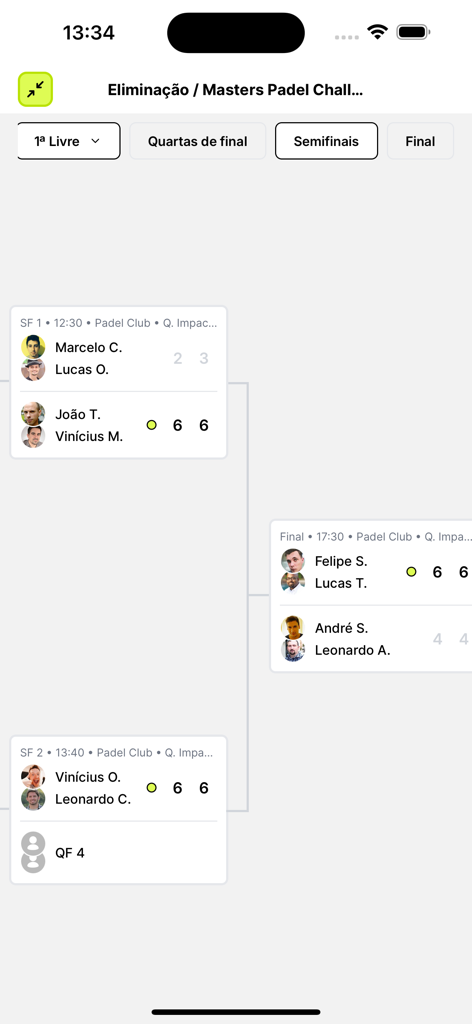 Placar.app - Interface de chave de torneio no Placar.app mostrando resultados de partidas de Padel e finais futuras.