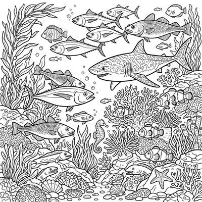 Immerse yourself in an exciting underwater world with this complex coloring page featuring a rich variety of saltwater fish. Discover sharks, clownfish, and seahorses swimming amidst detailed coral reefs, offering hours of creative enjoyment.