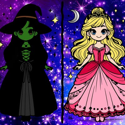 realistic split  of witch and princess