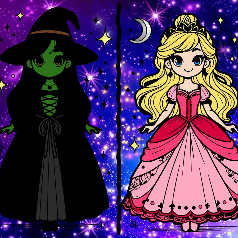 realistic split  of witch and princess