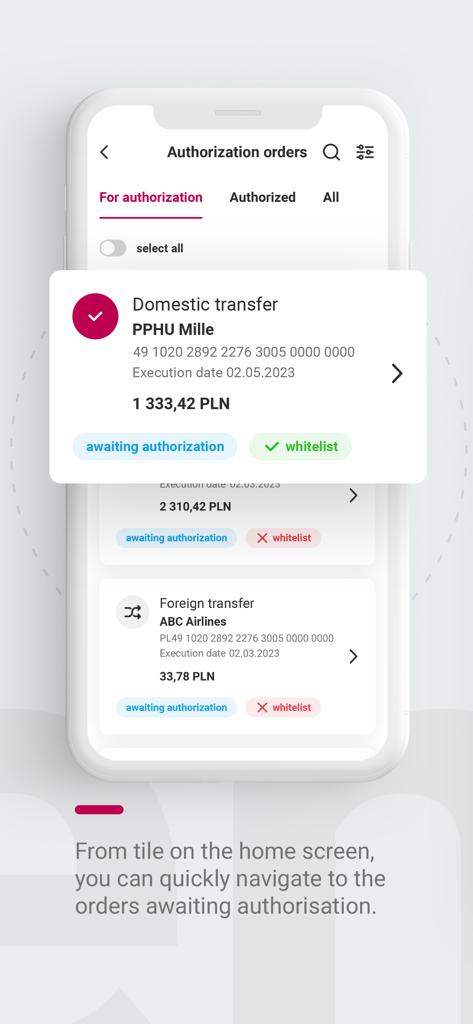 A mobile phone displaying the Bank Millennium for Corporate app authorization orders screen with domestic and foreign transfer requests awaiting approval