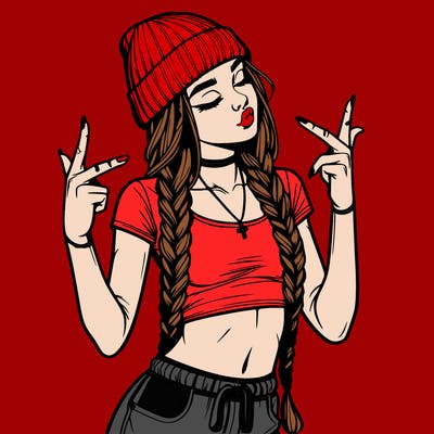 realistic teenage girl with braids and a beanie and crop top doing 🫶🏼