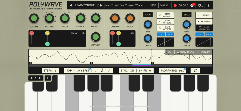 PolyWave - PolyWave app interface featuring a waveform sequencer LFO controls and a piano keyboard