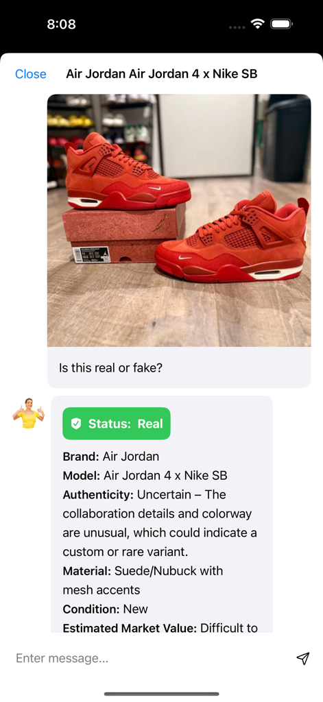 Legit Check: AI Scanner - AI authenticity check result for red Air Jordan sneakers showing real status and item details