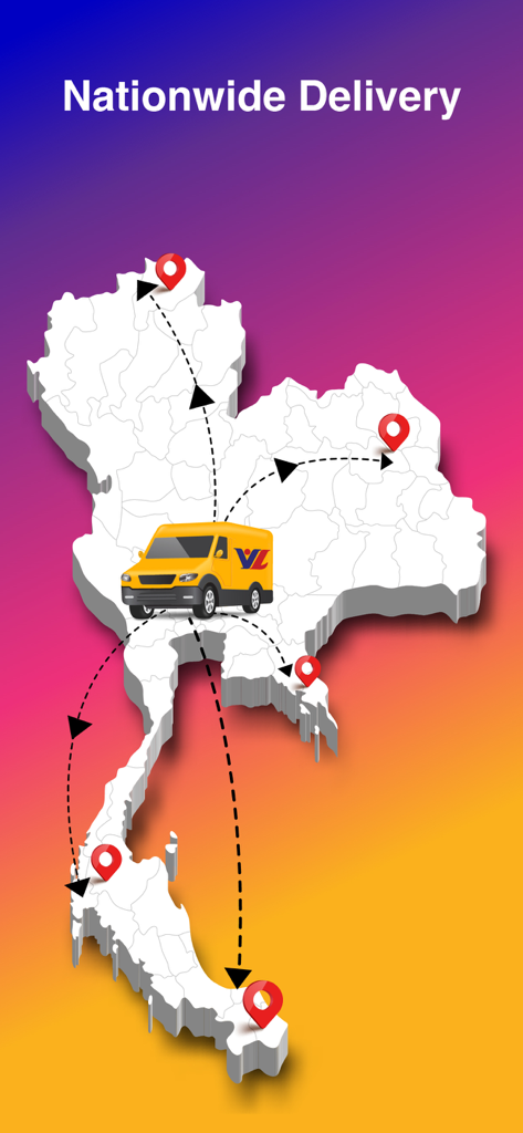 Villa Market - Karte von Thailand, die die landesweiten Lieferrouten für Lebensmittel von Villa Market mit einem Lieferwagen und Standortmarkierungen zeigt