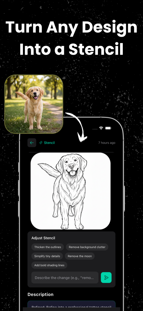 A mobile interface demonstrating the conversion of a dog photo into a black and white tattoo stencil using AI