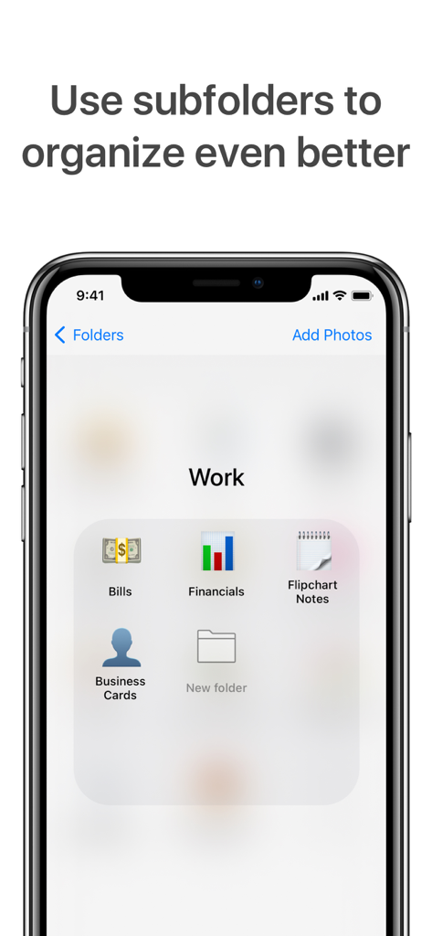 Captura de pantalla de la aplicación Utiful que muestra subcarpetas para la organización del trabajo, incluyendo facturas y tarjetas de visita