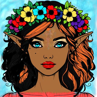 realistic female elf with flower crown