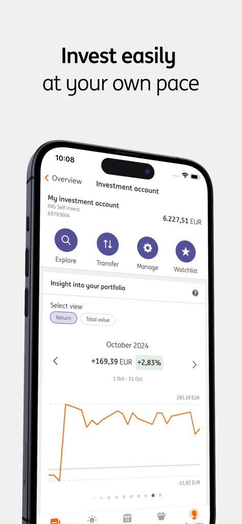 ING Banking app investment account overview showing a portfolio performance chart and management options.