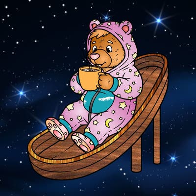 furry bear drinking coffee going down a slide wearing a onsie