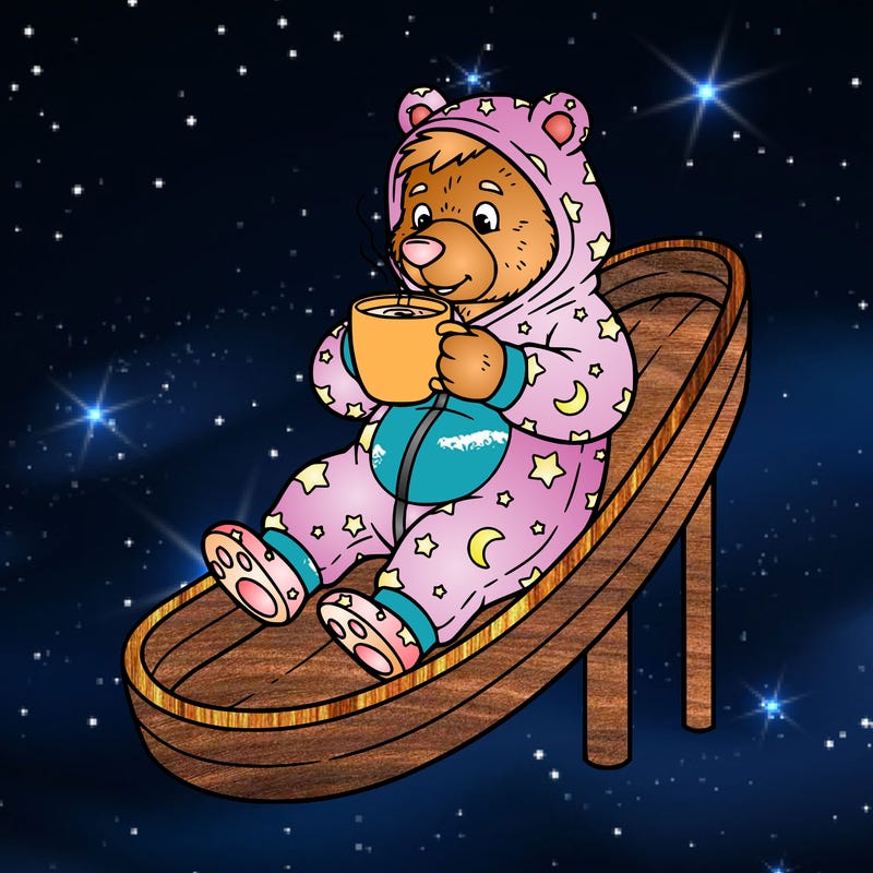 furry bear drinking coffee going down a slide wearing a onsie