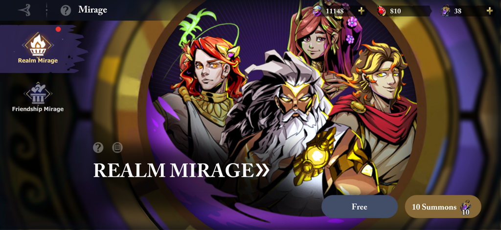 Lost Realm: Chronorift - Interface d'invocation de héros dans Lost Realm Chronorift montrant la bannière Mirage du Royaume et l'art du personnage