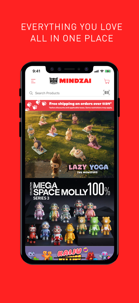 Mindzai Toy Shop - Interfaz de la app Mindzai Toy Shop mostrando colecciones de juguetes de diseñador como Lazy Yoga y Space Molly