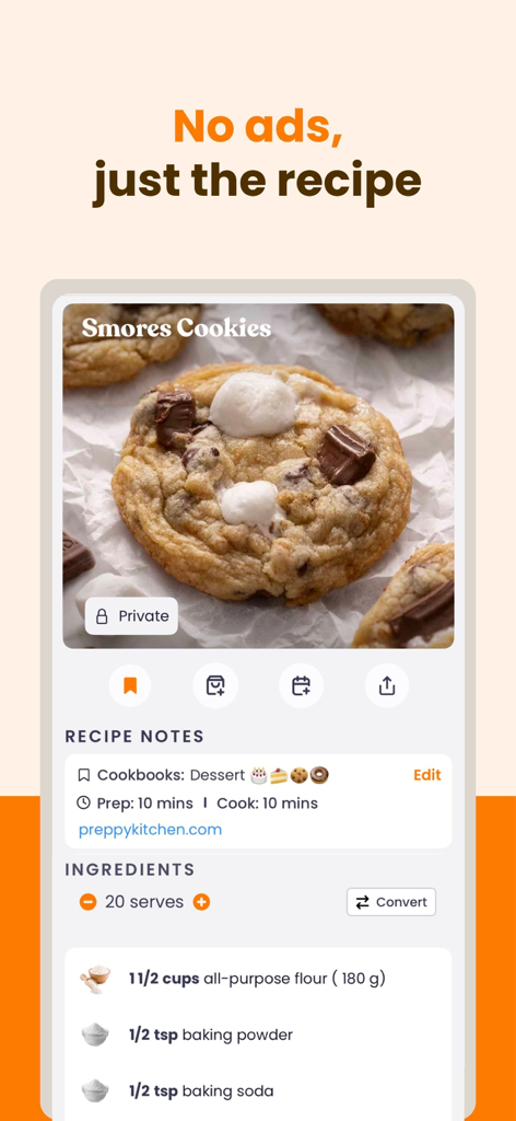 ReciMe app interface showing an ad-free smores cookies recipe with ingredients and preparation details.