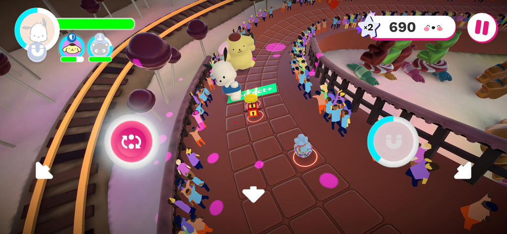 HELLO KITTY HAPPINESS PARADE - Hello Kitty Happiness Parade gameplay showing Pochacco on a chocolate path with cheering fans