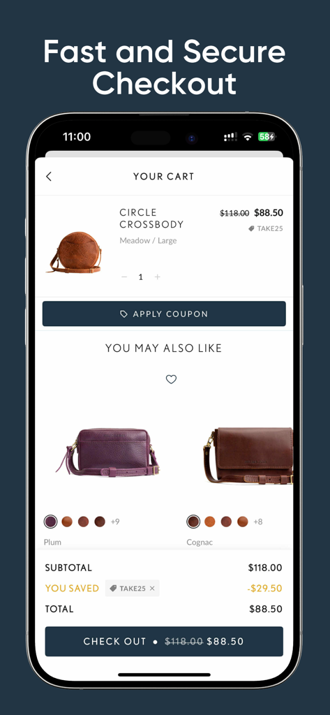 Portland Leather Goods - レザーのクロスボディバッグと安全なチェックアウトボタンを備えた、Portland Leather Goodsアプリのモバイルショッピングカート画面。