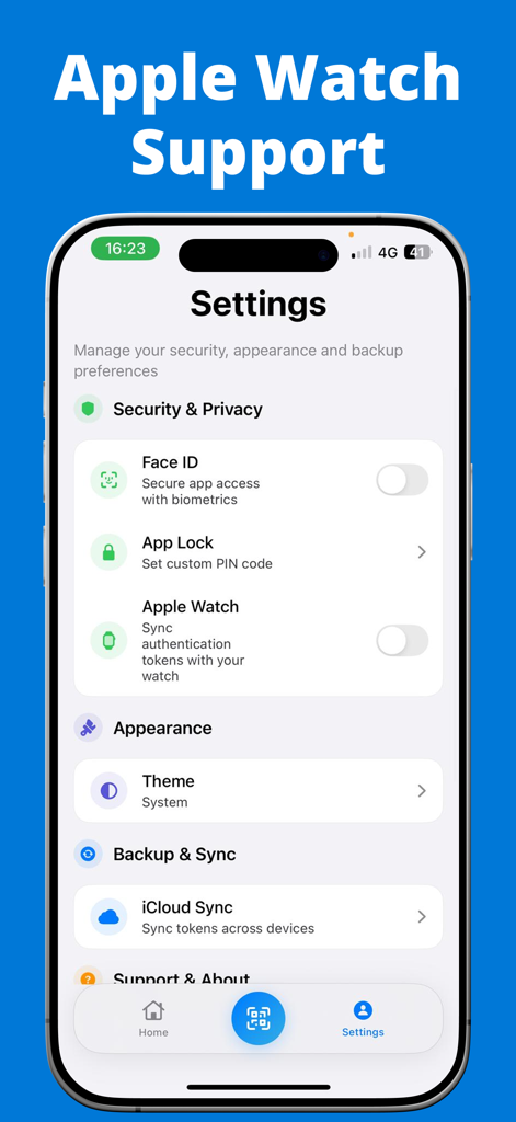 Menu de configurações do Authy Authenticator com sincronização do Apple Watch e biometria Face ID