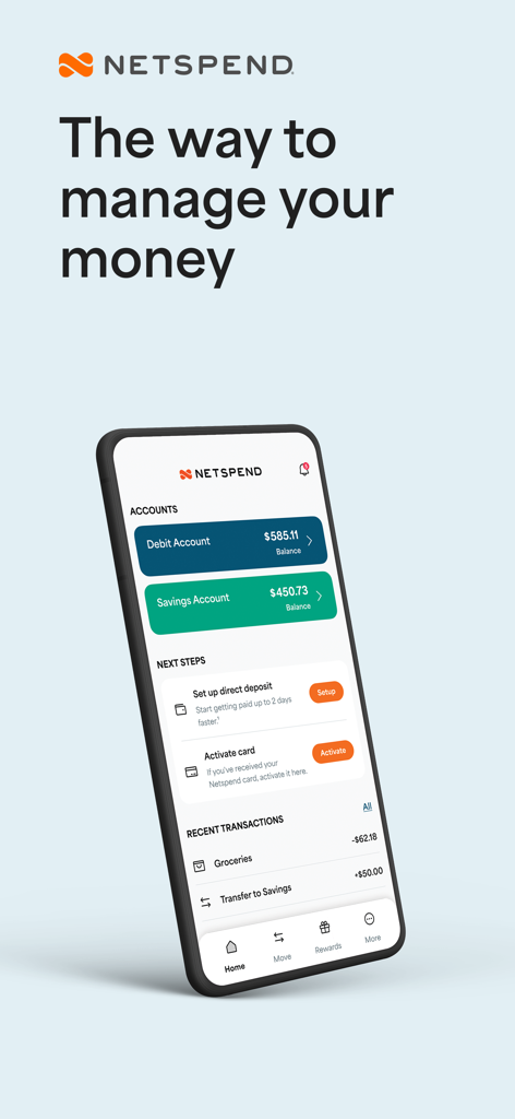 Netspend mobile banking app displaying account balances and transactions