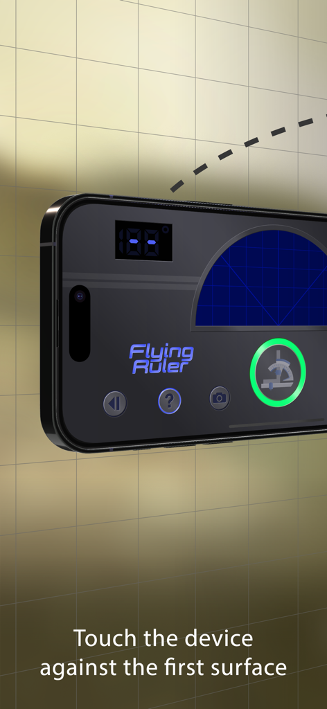 Flying Ruler: 3D Tape Measure - Interfaz de la aplicación Flying Ruler en un iPhone con instrucciones para tocar el dispositivo contra la primera superficie
