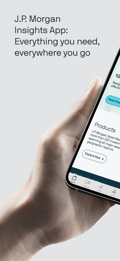 Hand holding a smartphone displaying the Insights by J.P. Morgan mobile app interface
