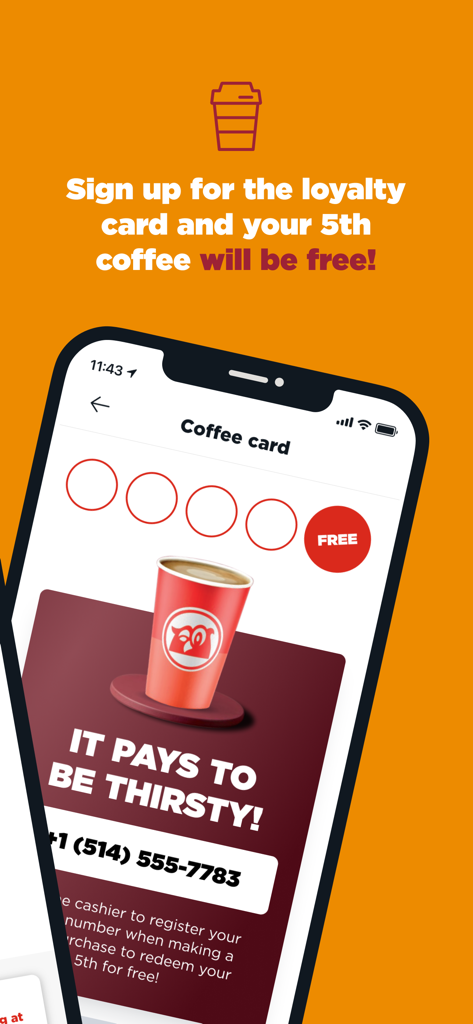 Couche-Tard - Couche-Tard mobile app screen showing a digital loyalty card offering a free 5th coffee