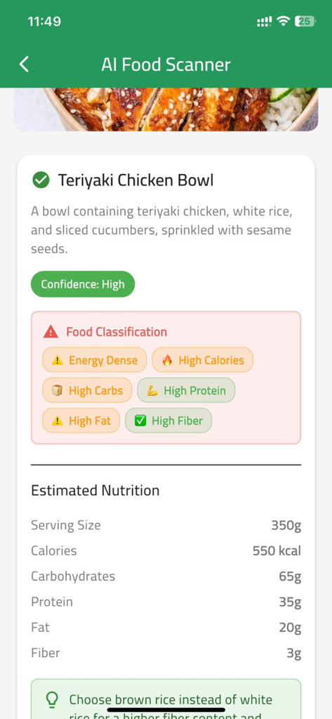 Escáner de Alimentos con IA de NutriTrack que muestra un análisis nutricional detallado de un bol de pollo teriyaki.