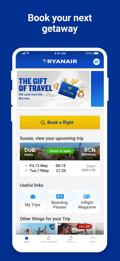 Ryanair mobile app home screen showing flight booking options and upcoming trip details from Dublin to Barcelona.